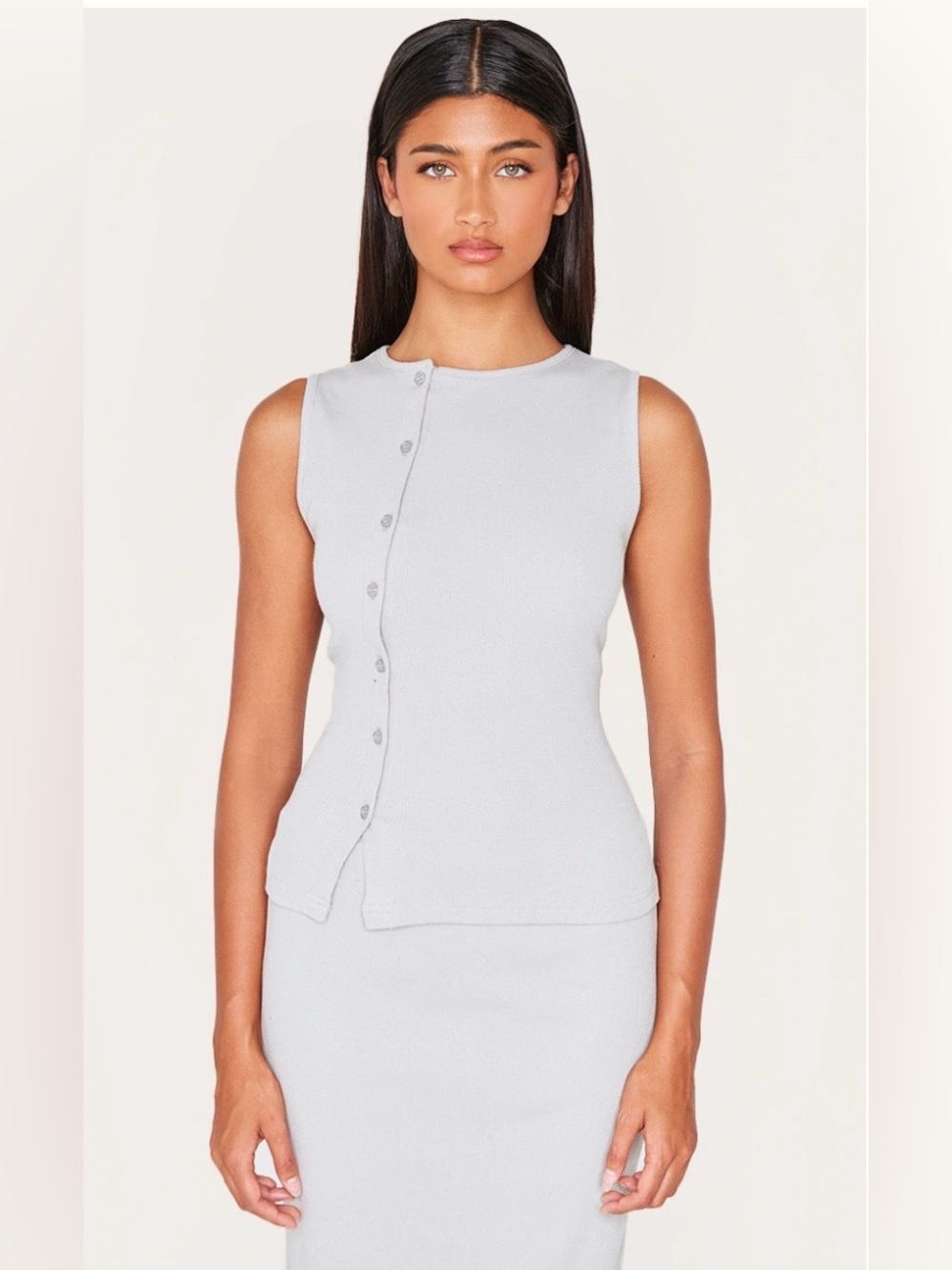 Pretty LIttle Thing Grey Ribbed Asymmetric Button Up Vest Top Co-Ord